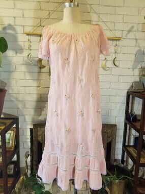 Vintage 70s Pink Drop Waist Dress | Pastel Floral Cross Stitch & Pintucks (S)